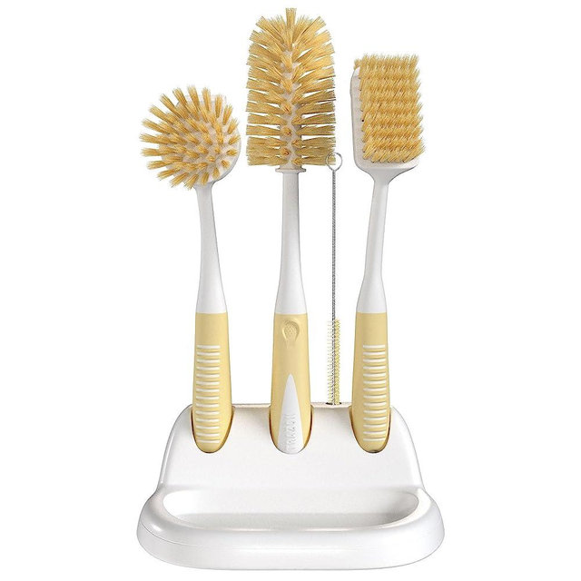 Dish Brush Set of 5 with Convenient Holder, Bottle Water Brush, Dish Scrub Brush, Scrubber Brush and Straw Brush - Kitchen Scrub Brushes Non Slip Long Handle for Sink Dishes Cup Pot, Baige