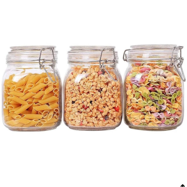 ComSaf Airtight Glass Canister Set of 3 with Lids 34oz Food Storage Jar Square - Storage Container with Clear Preserving Seal Wire Clip Fastening for Kitchen Canning Cereal,Pasta,Sugar,Beans,Spice