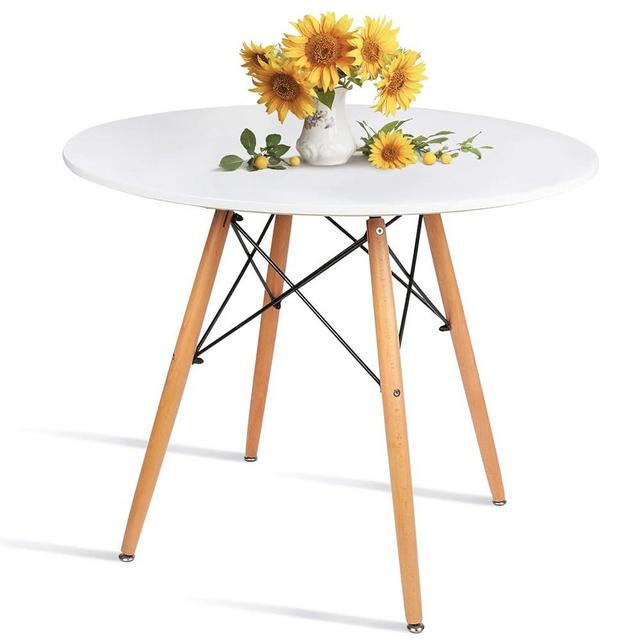 Round White Dining Kitchen Table Modern Leisure Table 32" with Wooden Legs for Office & Conference 2 to 4 People