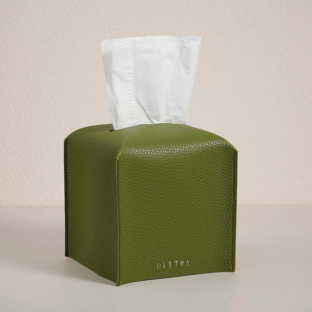 OLETHA Square Tissue Box Cover - Aesthetic Desk Decor for Room, Home & Office - Tissues Cube Boxes Holder - Green
