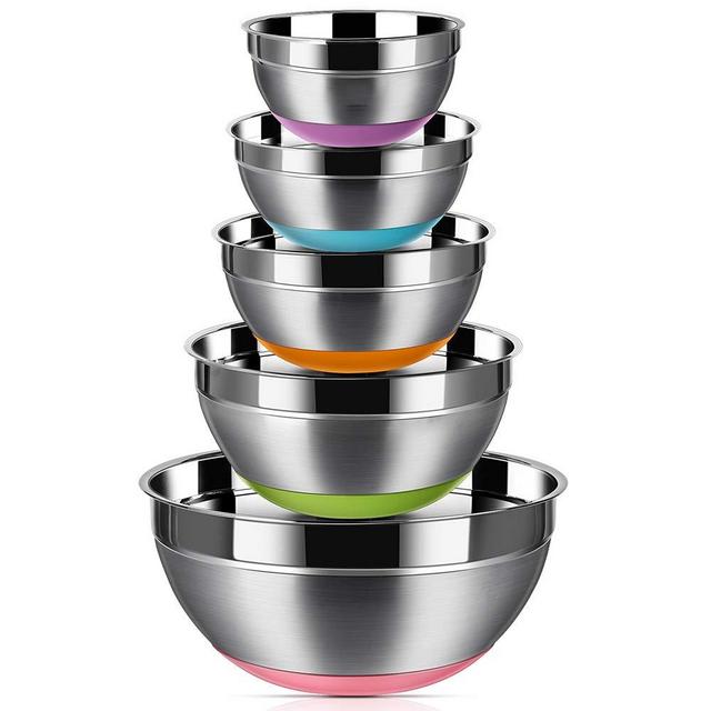 Stainless Steel Mixing Bowls (Set of 5), Non Slip Colorful Silicone Bottom Nesting Storage Bowls by Aammaxs-yyi, Polished Mirror Finish For Healthy Meal Mixing and Prepping 1.5-2 - 2.5-3.5 - 7QT