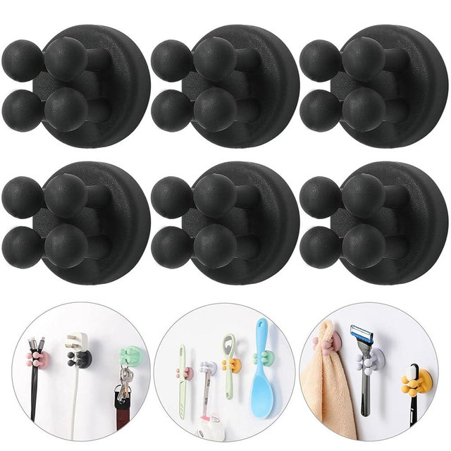 iBetterLife Razor Holder for Shower Wall - 6Pcs Self Adhesive Silicone Toothbrush Holders Wall Mounted Multi-function Cute Utility Hook for Hanging Towel for Bathroom Kitchen Living Room Office, Black