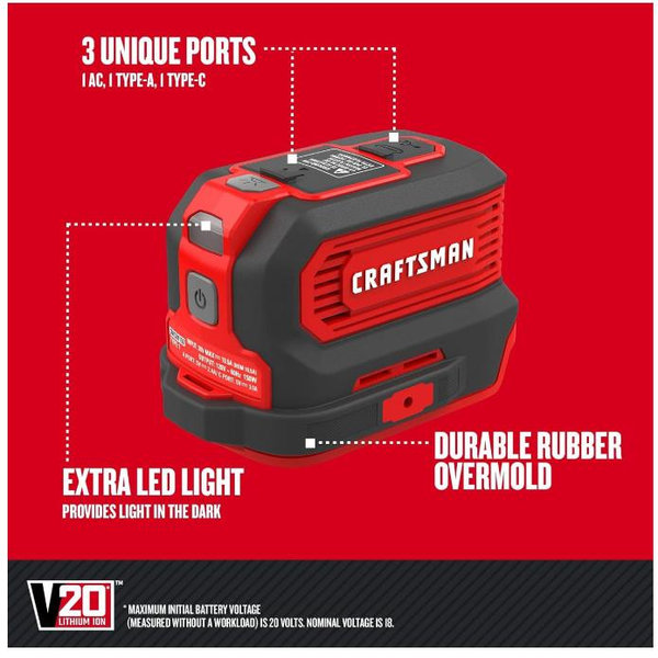 CRAFTSMAN V20 Charger, Power Inverter, Charging Ports for Type-C, Type-A, and AC, 150 Watts, Bare Tool Only (CMCB1150B)