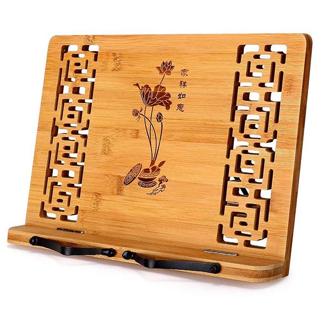 MEGREZ Bamboo Foldable Book Stand (13.2 x 9.4 inch) Reading Frame Rest holder Cookbook Stand/Tablet PC textbook/Music Document Stand/Desk Bookrest with Retro Hollow, Good Luck