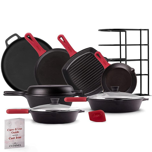 Cast Iron Cookware Set - Complete Pre-Seasoned Kit - 8" Skillet + 10"+12" Skillets with Glass Lid + Grill Pan + Multi-Cooker/Dutch Oven + Flat Griddle + Pizza Pan + Pan Rack Organizer - Indoor/Outdoor