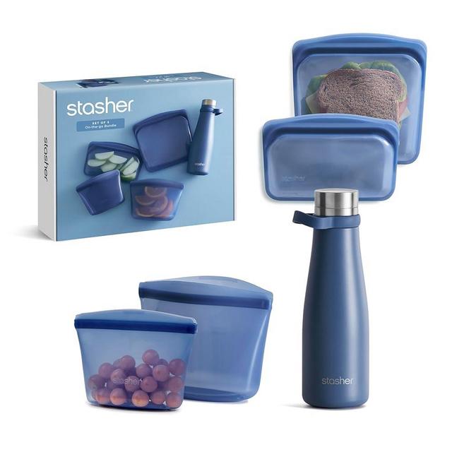 Stasher On-The-Go Boxed Starter Kit 5-Pack, Premium Silicone Reuseable Food Storage Bags, Deep Ocean, Water Bottle, Multi-Use Travel Containers, BPA Free, Leak-free, Dishwasher Safe, Eco-Friendly