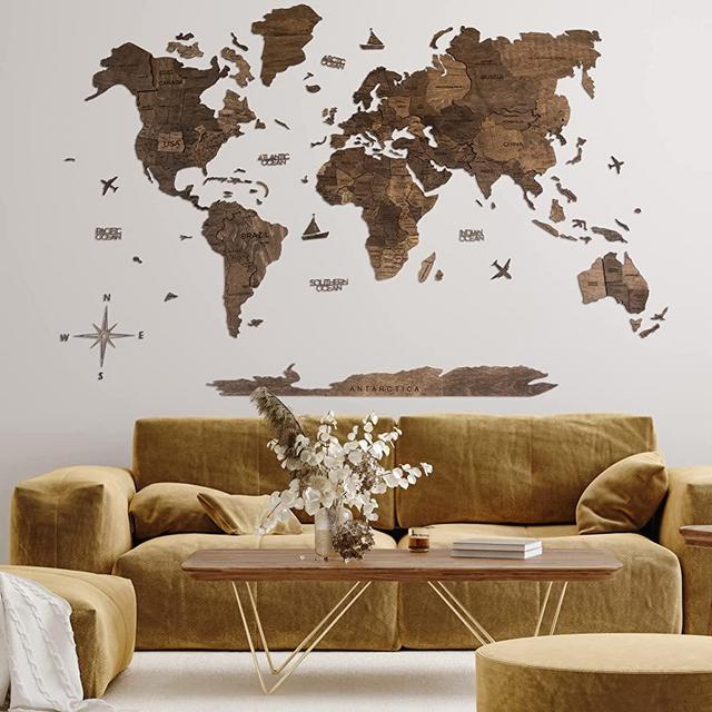 Home Decor 3D Wood World Map Wall Art Large Wall Decor - World Travel Map All Sizes (M L XL XXL) Any Occasion Gift Idea - Wall Art For Home & Kitchen or Office (Large, Prime, Dark Walnut)