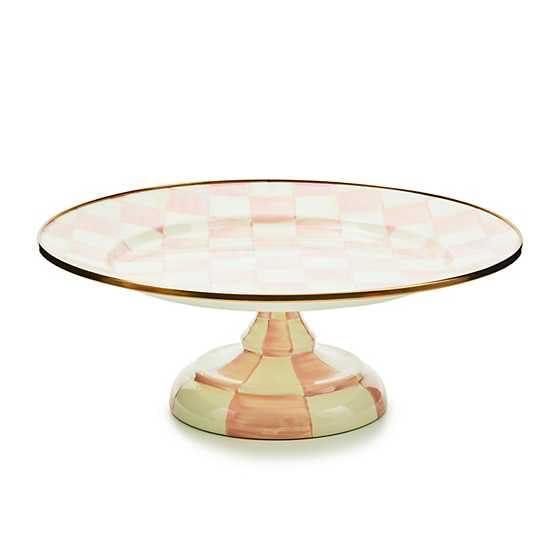 MACKENZIE-CHILDS Enamel Pedestal Platter, Round Cake Stand, Small, Pink-and-White Rosy Check