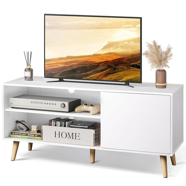 WLIVE Mid-Century Modern TV Stand for 55" TV, Entertainment Center with Storage, Open Shelves TV Console for Living Room and Bedroom, White