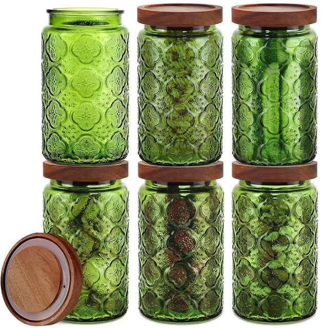 Teecyhooo 6 Pack 33.8 Fl oz Vintage Glass Storage Canister Green Mason Glass Jar with Seal Solid Wooden Lid Decorative Containers for Storing Coffee Tea Cookie Candy Nut Bath Salt Containers
