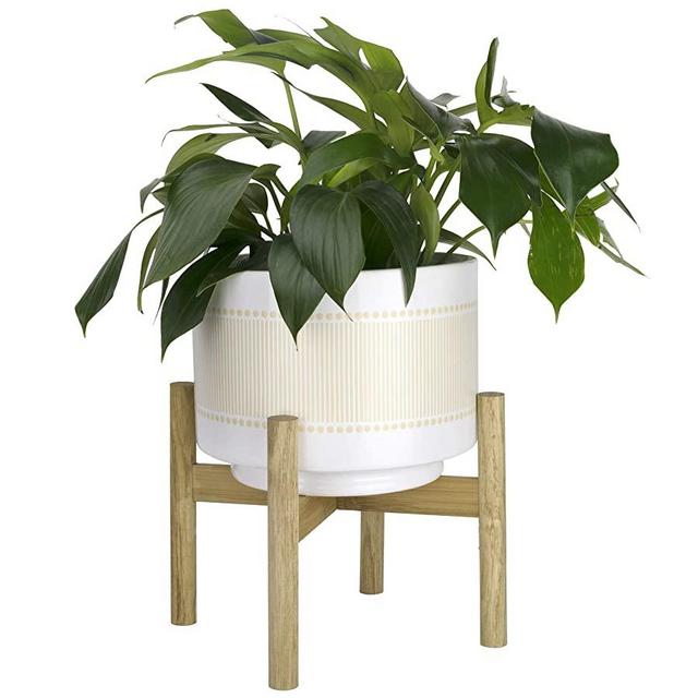 Large Ceramic Planter with Wood Stand - 10 Inch Boho Dot-Line Pattern Cylinder Flower Plant Pot for Indoor, Yellow Beige & Bright White