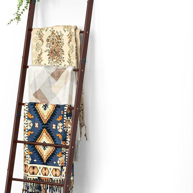 BAMBANG 6-Tier Blanket Ladder for Living Room, Blanket Quilt Ladder Rack Rustic Decorative Towel Holder, Wall Leaning Blanket Ladder Shelf Storage Farmhouse Decor for Bedroom Bathroom, Tea Brown