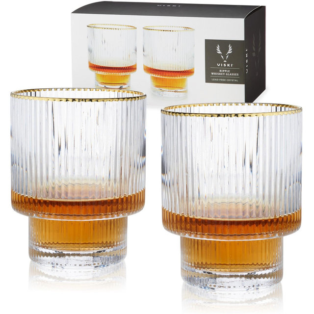 Viski Meridian Lowball Glasses Set of 2 - Vintage Drinking Tumblers - Art Deco Ripple Glassware Design, 12oz Gold Rimmed Crystal Drinking Set, Clear