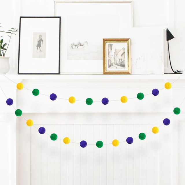 Mardi Gras Felt Ball Garlands Purple Green Gold Pom Pom Garland for Mardi Gras Theme Celebration Holiday Party Indoor Outdoor Decor (Two)