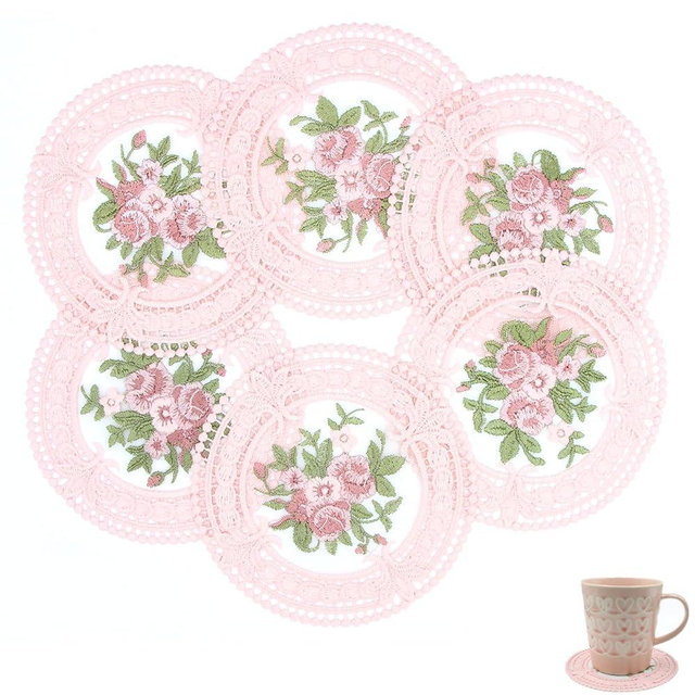 4.5'' 8pk Vintage Lace Pink Coasters, Round Embroidery Cloth Coasters for Drinks, Small Crochet doilies for Crafts, Cups, Table Decoration (Peach)