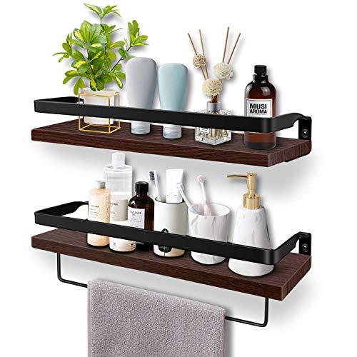 Soraken Floating Shelves, Wall Shelves Wall Mounted Bathroom Shelf, Rustic Wood Wall Storage Shelves for Kitchen, Bathroom, Living Room and Bedroom Set of 2 with Removable Towel Holder-Vintage Black
