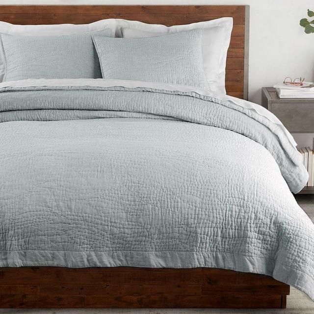Mineral Blue Belgian Flax Linen Handcrafted Quilt, Full/Queen