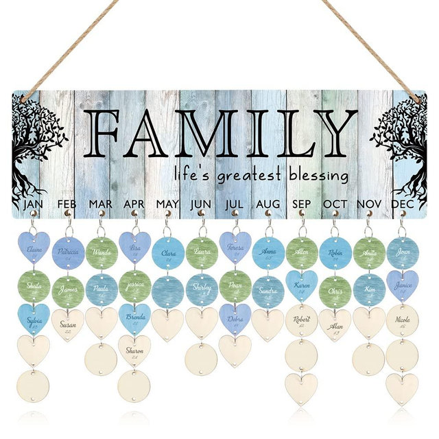 TOARTi Blessing Family Reminder Calendar Board(16''x5''), DIY Wooden Birthday Calendar Wall Hanging with 100pcs Wood Tags, Decorative Family Birthday Plaque Mother's Day Gift for Mom/Grandma