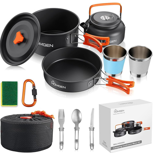 HOMGEN Portable Ultralight Anodized Aluminum Camping Cookware Set - Nesting Camping Pot and Pan-800ml Insulated Teapot-Carrying Bag-for Camping Hiking Picnic RV Trip