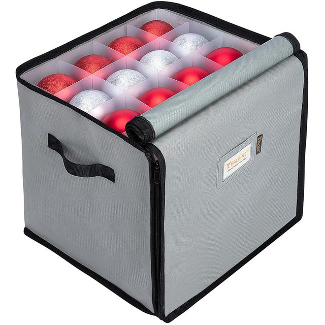 BALEINE Christmas Ornament Storage Box with Dividers, Premium Holiday Ornaments Storage Container Bin for Xmas Decorations (64 Ball, Grey, Soft)