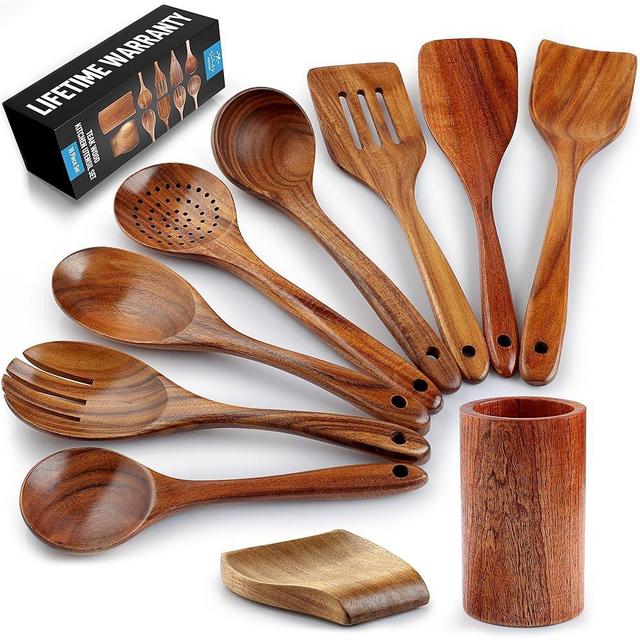 Zulay Kitchen 10-Piece Wooden Spoons for Cooking - Smooth Finish Teak Wooden Utensils for Cooking - Soft Comfort-Grip Wood Spoons for Cooking - Non-Stick Wooden Cooking Utensils - Wooden Spoon Sets