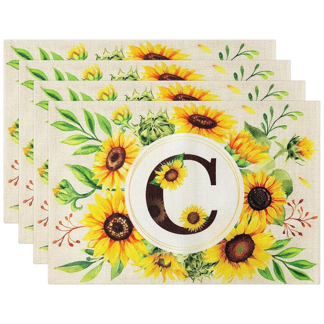 GROBRO7 4Pcs Sunflower Letter C Placemats Summer Floral Dining Table Pad Durable Washable Rustic Linen Vintage Place Mat for Gathering Picnic Home Dinner Party Restaurant Table Decor 12 x 18 Inch