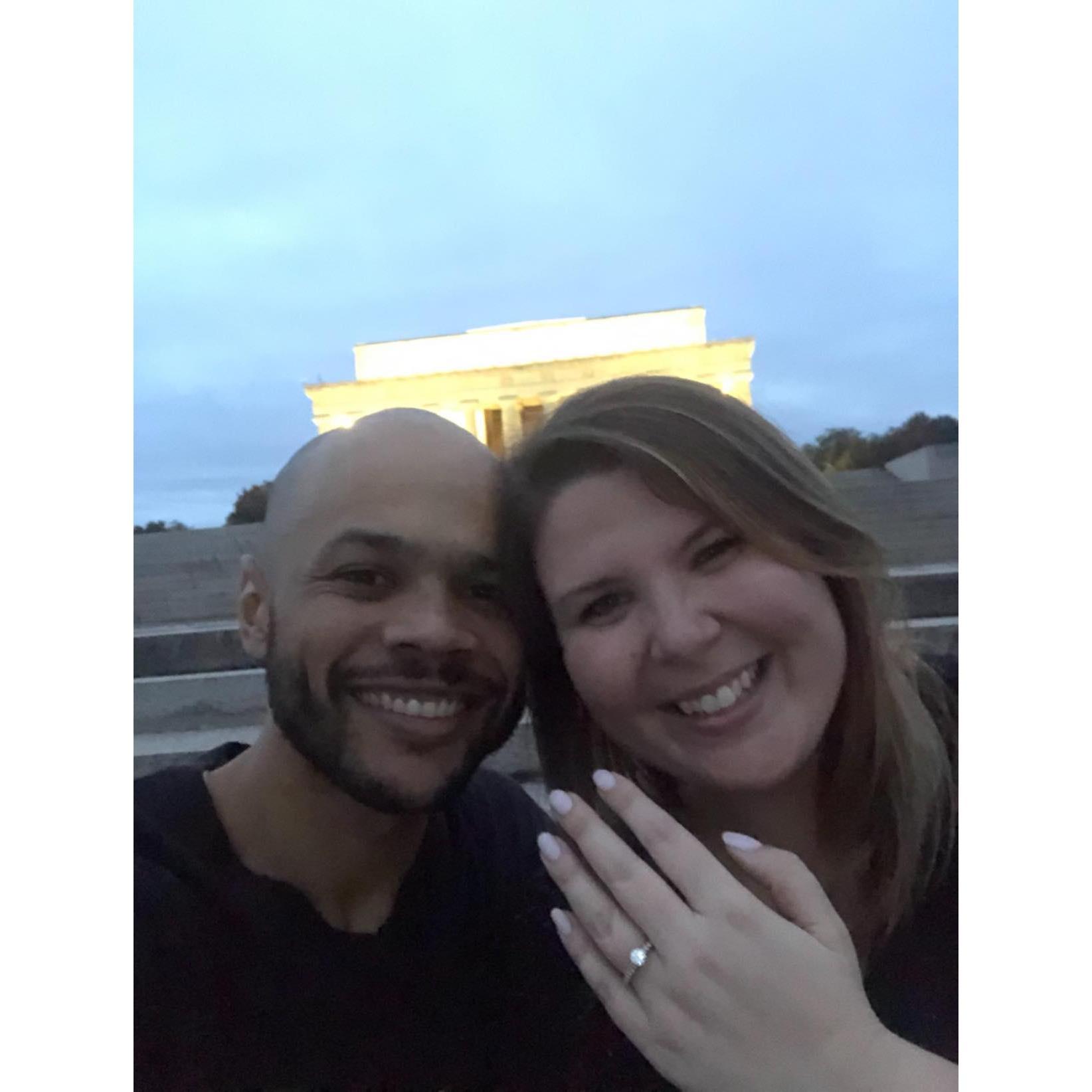 After Nyah proposed near the reflection pool, we sat on the steps of the Lincoln Memorial, drank champagne, and called our family to share the news.