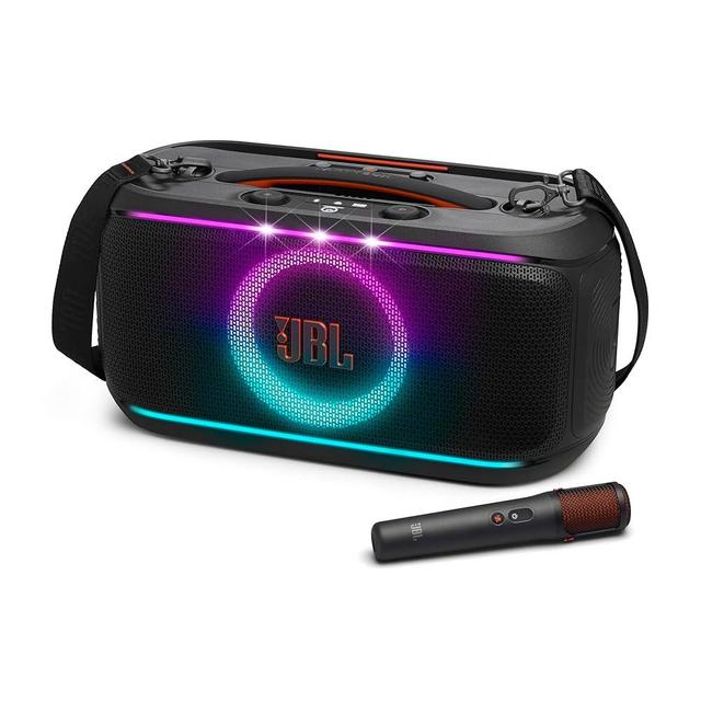 JBL PartyBox On-The-Go 2 - Portable Party Speaker with one Wireless Digital mic, Handle and a Shoulder Strap, Dynamic lightshow, Up to 15 Hours Playtime, Splash Proof & Auracast™ (Black)