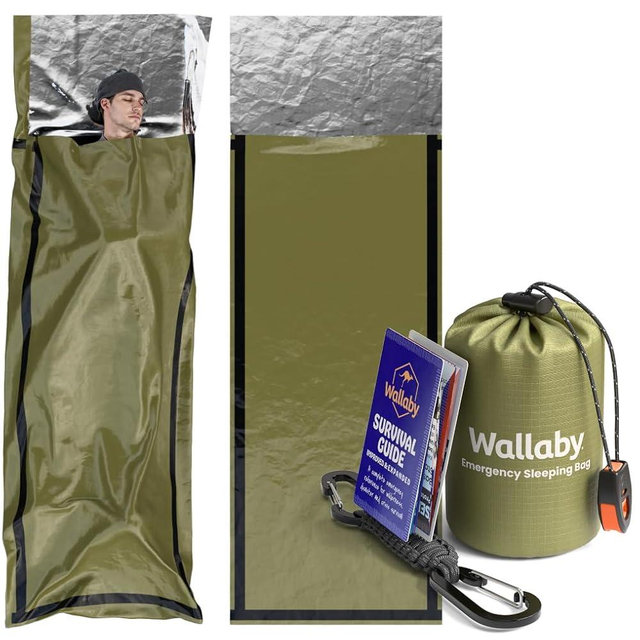Wallaby 2-Pack Emergency Mylar Sleeping Bags with Nylon Pouches, Whistle Pull & Paracord with Carabiners, Free Survival Guide – Hiking, Survival (Green)