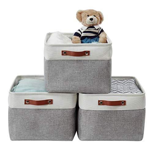 DECOMOMO Foldable Storage Bin [3-Pack] Collapsible Sturdy Cationic Fabric Storage Basket Cube W/Handles for Organizing Shelf Nursery Home Closet (Grey and White, Extra Large - 15.8 x 12.5 x 10)