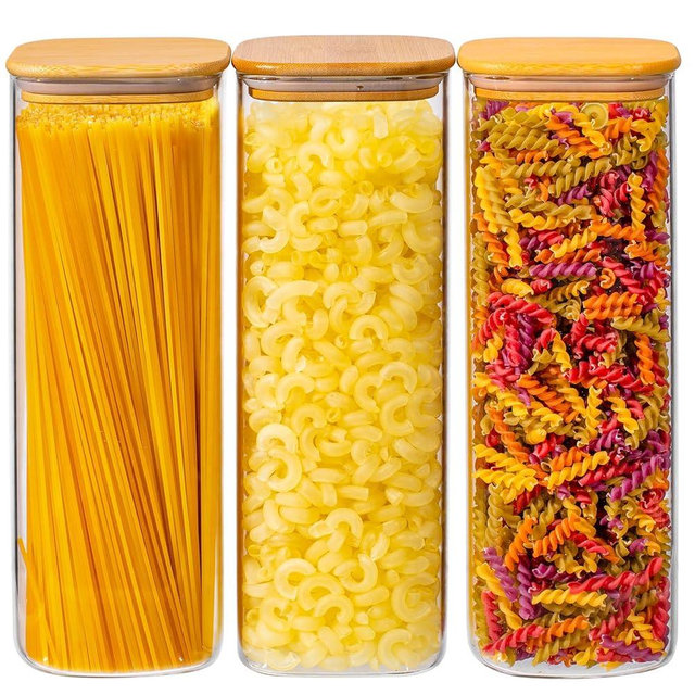 Xoniwis 73oz 3PCS Sqaure Spaghetti Pasta Storage Containers with Lids, Pantry Containers Tall Glass Tight Food Storage Jars with Lids for Penne, Macaroni, Lasagna, Fusilli, Cereal, Flour, Sugar, Oats