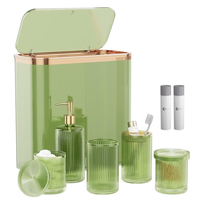 Green Bathroom Accessories Set 8 Pcs, Trash Can with Bags, Glass Bathroom Set Include Soap Dispenser, Toothbrush Holder, Tumbler, Qtip Holder Set, Vintage Bathroom Sink Set, Cute Bathroom Decor