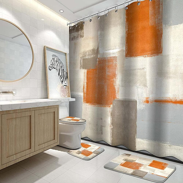 4Pcs Bathroom Shower Curtain Sets with Rugs,Modern Orange and White Painting Art Bathroom Sets with Shower Curtain and Rugs and Accessories