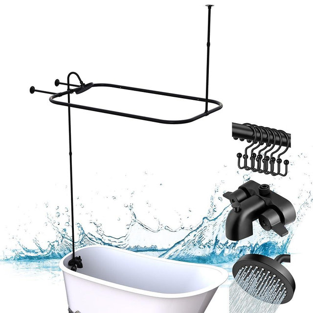 Pyhomestrim Clawfoot Tub Shower Kit, Add On Shower Units With Bathcock Diverter Faucet and 48" X 27“ Rectangular Claw foot Tub Shower Curtain Rod Kit,Claw foot Tub Shower Faucet Set,Matte Black