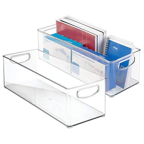 mDesign Large Stackable Plastic Storage Bin Container, Home Office Desk and Drawer Organizer Tote with Handles - Holds Gel Pens, Erasers, Tape, Pens, Pencils, Markers - 16" Long, 2 Pack - Clear