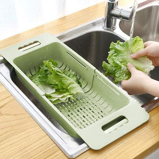 MineSign Collapsible Colander Fruits and Vegetables Drain Basket Adjustable Strainer Over the Sink for Kitchen (Green)