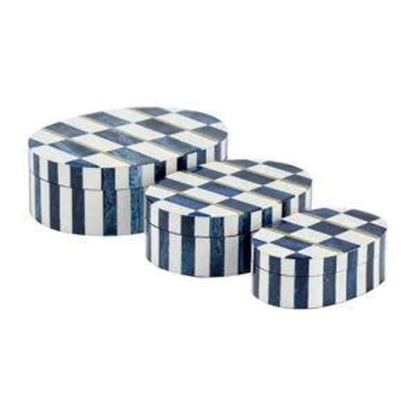Oval Checkered Boxes, White/blue Set of 3