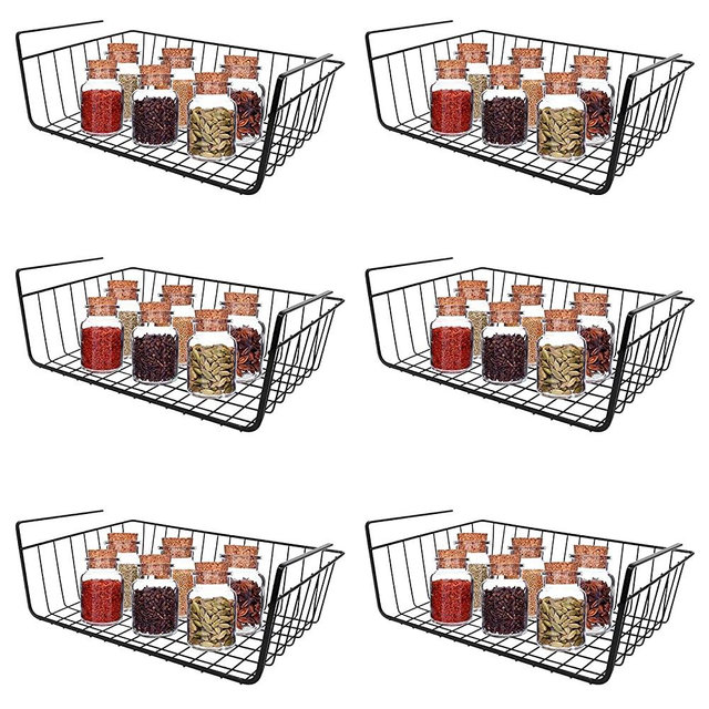 HOMOKUS Under Shelf Baskets for Storage, Under Shelf Wire Basket Carbon Steel Basket Under Cabinet Shelf, Welding Joints, Baking Finish, Easy to Install without Holes, 6 PCS, Black