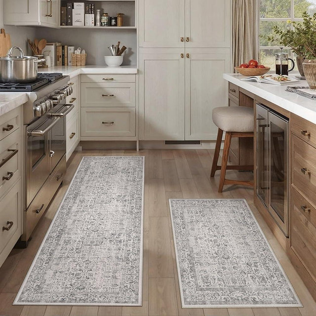 HUGEAR Grey Kitchen Rug Sets 2 Piece 20x32/20X48 Inch Vintage Distressed Entryway Washable Kitchen Mats Floor Carpet Non Slip Runner Rugs for Hallway Laundry Sink Bathroom