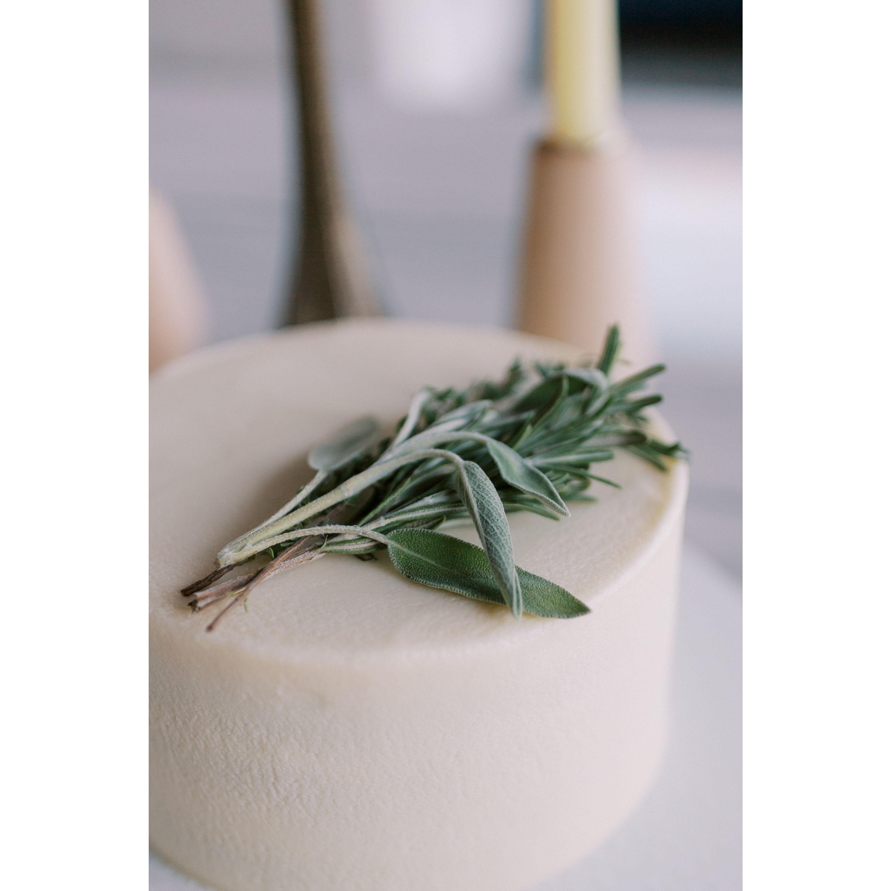 Our delicious wedding cake. Herbs de Provence with an apricot honey layer and goat cheese frosting. SO GOOD