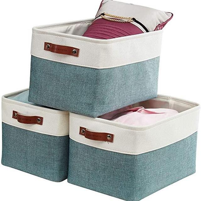 DECOMOMO Foldable Storage Bin | Collapsible Sturdy Cationic Fabric Storage Basket Cube W/Handles for Organizing Shelf Nursery Home Closet (Green and White, Large - 3 Pack)