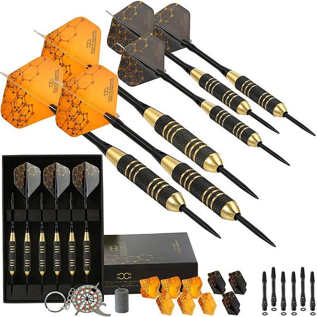CC-Exquisite Professional Steel Tip Darts Set - 6 x 22g Brass Barrels with 12 Flights Standard/Slim, 12 Aluminum Shafts 35/48mm, 12 O-Rings, Dart Tool, Dart Sharpener and Case