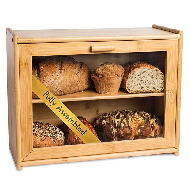 Laura's Green Kitchen Fully Assembled Large Bread Box - Wood Bread Box with Clear Front Window - Farmhouse Style Bread Bin for Kitchen Counter - Double Layer Bread Storage Bin Holds 2 Loaves - Bamboo