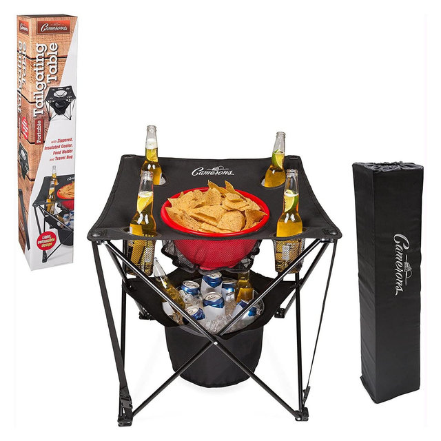 All-in-One Tailgating Table - Collapsible Folding Camping Table w Insulated Cooler, Food Basket & Travel Bag for Barbecue, Football Tailgate Parties