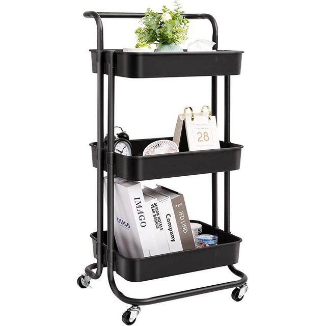 danpinera 3 Tier Rolling Utility Cart, Coffee Bar Cart with Wheels and Handle Storage Organization Shelves Service Cart Trolley for Kitchen, Bathroom, Office, Workshop, Black