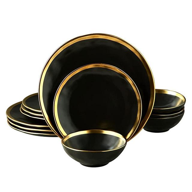 Pokini Matte Black Porcelain Dinnerware Set 12 Piece Service for 4, Dishes, Round Plates, Bowls, Golden Rim Dish Set for Home Decor
