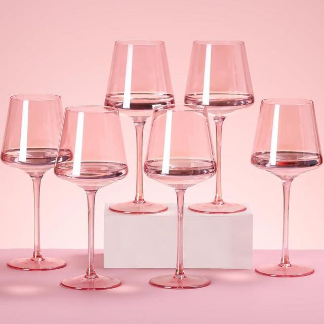 Pink Wine Glasses Set of 6-18oz Hand Blown Crystal Colored Wine Glasses with Long Stem, Pink Wine Glass for Wine Lovers, Wedding, Birthday Valentines Day Gifts for Women