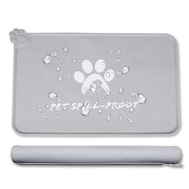 Silicone Dogs Pet Food Mat - Waterproof Rubber Dogs Bowl Mat Non-Slip Cats Feeding Placemat Small Size，Grey