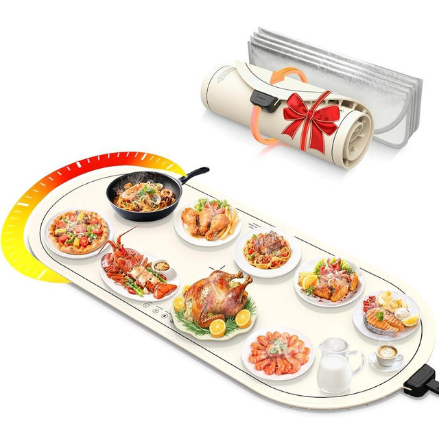 Food Warming Mats for Countertop Extra Large(XXL 36"x15"),Electric Heating Pad for Food,Roll Up Silicone Warmer Mat for Party and Kitchen,Practical Birthday Gift for Mom and Women(Beige)