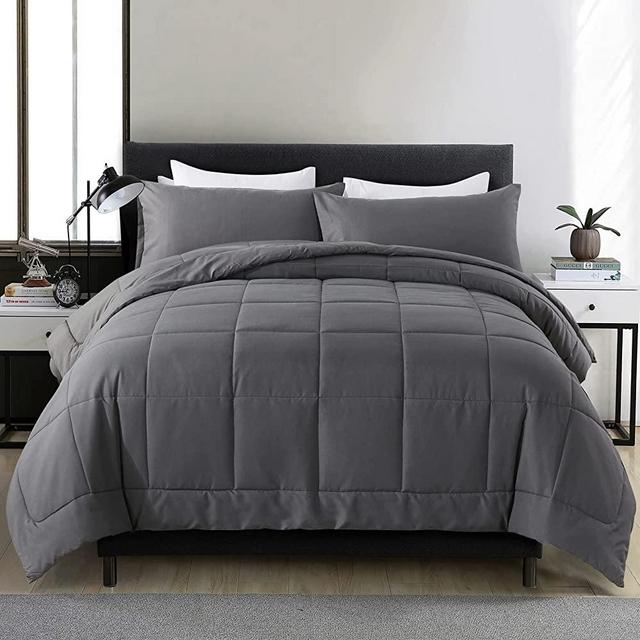 DOWNCOOL All Season Bedding Comforters & Sets with 2 Pillow Cases -3 Pieces Down Alternative Comforter Set -Grey Bedding Comforter Sets Queen -Lightweight and Noiseless (Queen,88x90 inches)